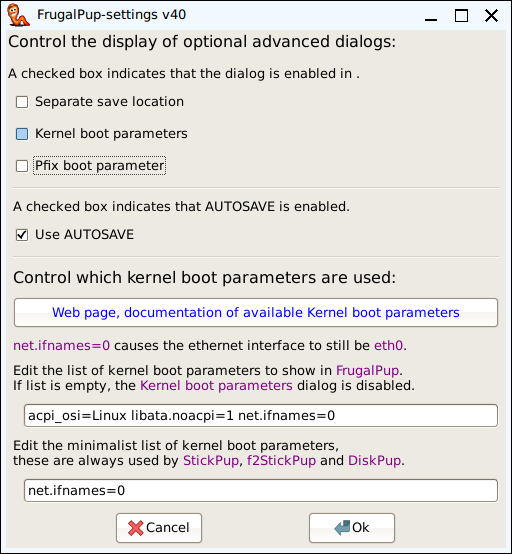 FrugalPup settings screen